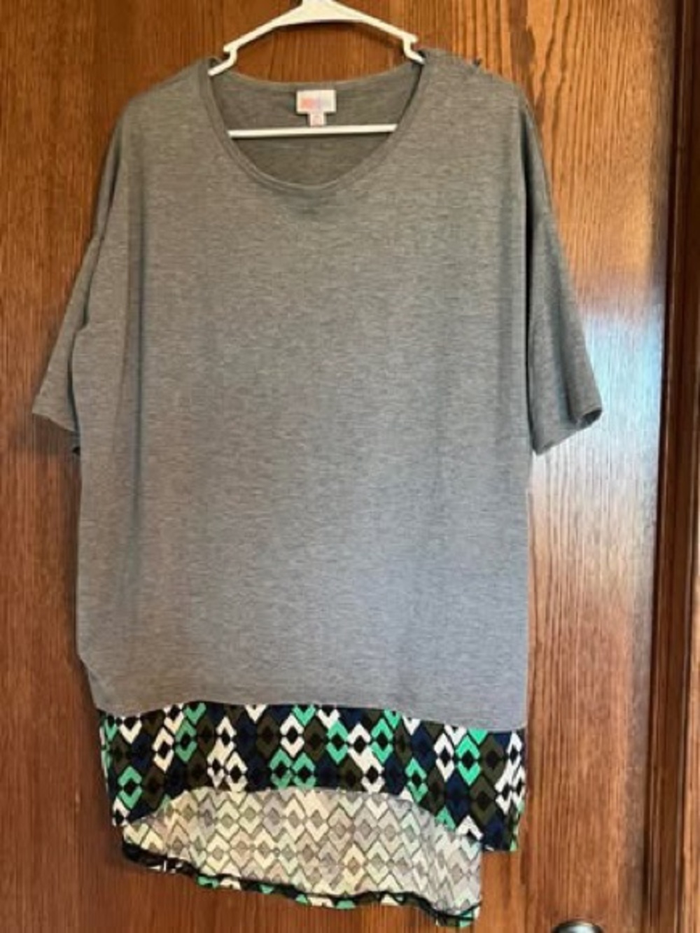 LuLaRoe Gray Tunic with Green & Black Patterned Hem